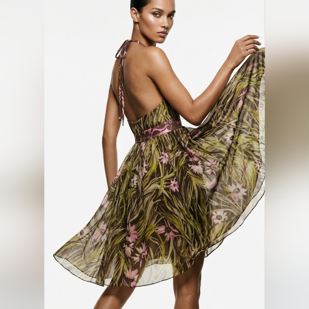 Milly NY 100% Silk Floral Green Pink Mini Backless Dress Size 2 Rare Vtg